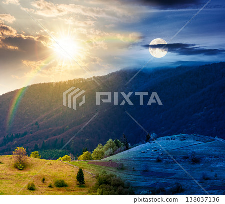 rural mountain landscape during spring. day and night time change concept. wonderful countryside scenery on a cold weather with sun and moon at twilight. harmony and progress calendar rural mountain landscape during spring. day and night time change concept. wonderful countryside scenery on a cold weather with sun and moon at twilight. harmony and progress calendar 138037136