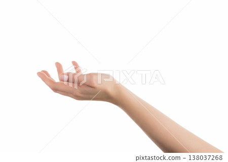 Young woman hand hold something on a pal isolated on white background Young woman hand hold something on a pal isolated on white background 138037268