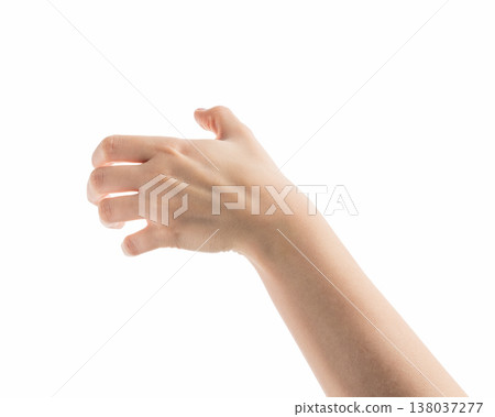 Young woman hand hold something isolated on white background Young woman hand hold something isolated on white background 138037277
