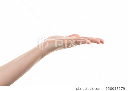 Young woman hand holding something from below isolated on white background Young woman hand holding something from below isolated on white background 138037279