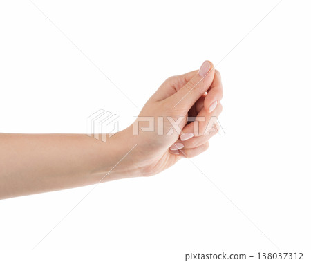 Young woman hand to hold something isolated on white background Young woman hand to hold something isolated on white background 138037312