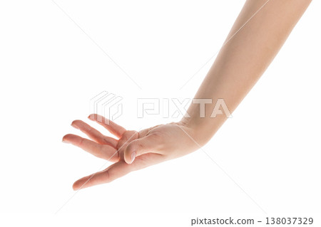 Young woman hand reaching isolated on white background Young woman hand reaching isolated on white background 138037329
