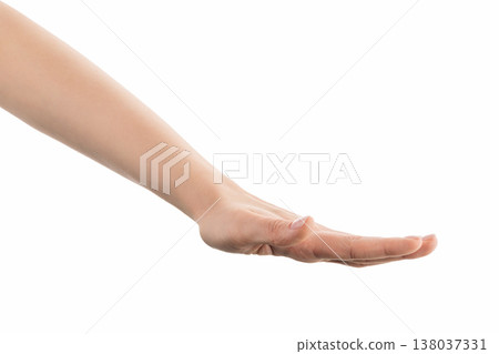Young woman hand pushing something from the top isolated on white background Young woman hand pushing something from the top isolated on white background 138037331