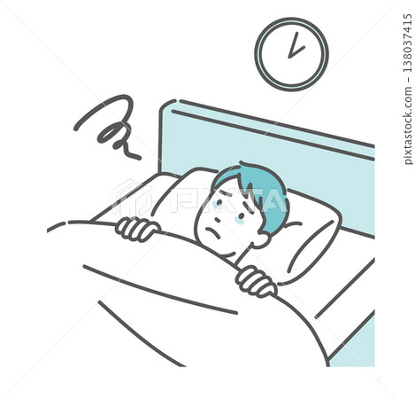 一幅插圖描繪了一個男人半夜醒來後無法再次入睡（失眠/睡眠障礙）的情景。 138037415