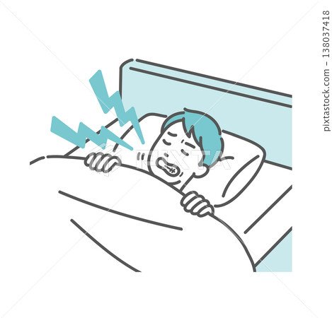 An illustration of a man sleeping in bed, grinding (clenching) his teeth (sleep disorder/stress). An illustration of a man sleeping in bed, grinding (clenching) his teeth (sleep disorder/stress). 138037418
