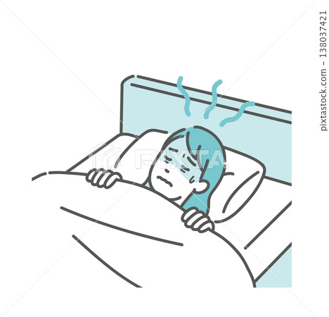 An illustration of a woman who is feeling unwell and experiencing night sweats, making it difficult to sleep (fever, menopause, tropical night). An illustration of a woman who is feeling unwell and experiencing night sweats, making it difficult to sleep (fever, menopause, tropical night). 138037421