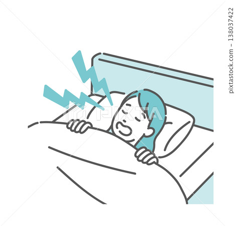 An illustration of a woman sleeping in bed, snoring loudly (sleep apnea syndrome, mouth breathing). An illustration of a woman sleeping in bed, snoring loudly (sleep apnea syndrome, mouth breathing). 138037422