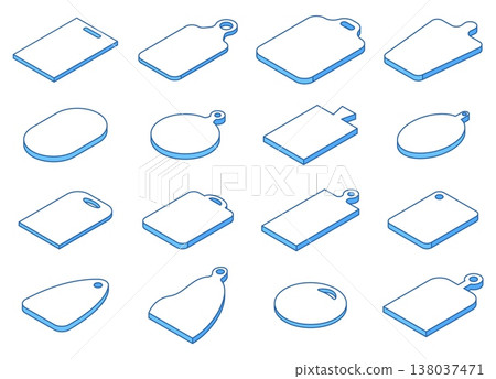 Isometric cutting board icons. Kitchen equipment for cut raw ingredients. Boards for prepare food, hot dish stands. Kitchenware nifty vector set 138037471