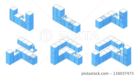 Isometric line kitchen design. Various kitchen furniture, cabinets and electronics. Cooking area 3d combinations, home interior, nifty vector set Isometric line kitchen design. Various kitchen furniture, cabinets and electronics. Cooking area 3d combinations, home interior, nifty vector set 138037473