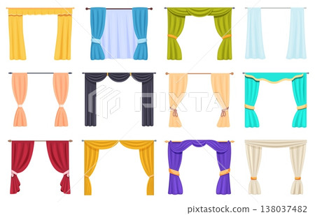 Window interior curtains. Textile decor for home, apartment windows or entrance. Silk, velvet drapery, airy transparent tulle. Room decorations, sapid vector set Window interior curtains. Textile decor for home, apartment windows or entrance. Silk, velvet drapery, airy transparent tulle. Room decorations, sapid vector set 138037482