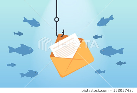 Fishing hook with mail letter. Fish swimming near mails, scam or spam concept. Metaphor of phishing, hackers attack, theft data or email, sapid vector scene Fishing hook with mail letter. Fish swimming near mails, scam or spam concept. Metaphor of phishing, hackers attack, theft data or email, sapid vector scene 138037483