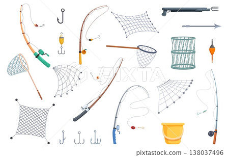 Fishing net and rod. Industrial fish catch equipment, nets, harpoon, rods, mesh underwater traps. Fisherman tools, hobby accessories, sapid vector set Fishing net and rod. Industrial fish catch equipment, nets, harpoon, rods, mesh underwater traps. Fisherman tools, hobby accessories, sapid vector set 138037496