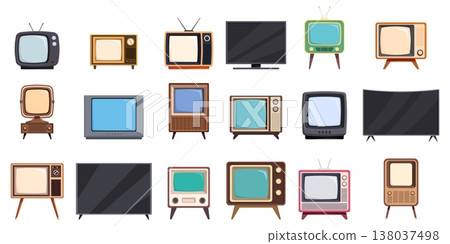 Retro and modern television. Old style televisions with tube glass screens in wide housings. Flat modern narrow tv, curved screen without frame, sapid vector set Retro and modern television. Old style televisions with tube glass screens in wide housings. Flat modern narrow tv, curved screen without frame, sapid vector set 138037498