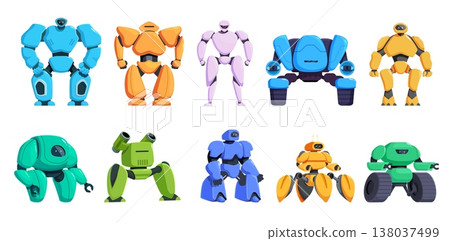 Cartoon cyborgs. Technology machines characters, futuristic warriors in armor with ai infrastructure. Transformer robots, children toys sapid vector set Cartoon cyborgs. Technology machines characters, futuristic warriors in armor with ai infrastructure. Transformer robots, children toys sapid vector set 138037499