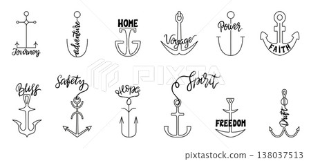 Anchor labels design. Decorative anchors with different phrases for design. Nautical style logo, sea ocean adventures, home symbols, neoteric vector set 138037513