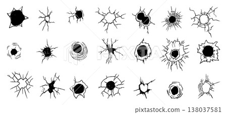 Hand drawn bullet holes. Cracked effects, damaged glass, wall, concrete. Trace of shooting, gunshot wound graphic design effect. Cracks, broken neoteric vector set Hand drawn bullet holes. Cracked effects, damaged glass, wall, concrete. Trace of shooting, gunshot wound graphic design effect. Cracks, broken neoteric vector set 138037581