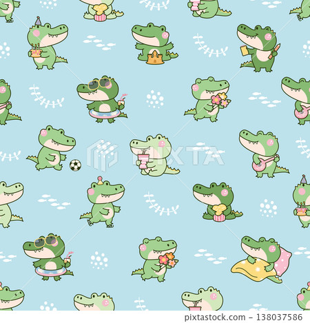 Kawaii crocodile seamless pattern. Funny crocodiles different poses, green wild cartoon animals. Print template for textile, fabric, nowaday vector background Kawaii crocodile seamless pattern. Funny crocodiles different poses, green wild cartoon animals. Print template for textile, fabric, nowaday vector background 138037586