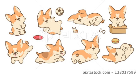 Funny kawaii puppies. Cute corgi puppy play, sitting in cardboard box, sleeping. Stickers with adorable dogs, children cartoon pets mascots, nowaday vector clipart 138037599