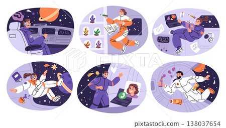 Astronauts characters in spaceship scenes. People in zero gravity aboard rocket, floating cosmonauts, shuttle interiors, futuristic spacecraft exploration garish vector cartoon isolated set 138037654