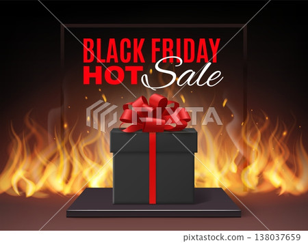 Black friday sales poster. Burning gift with red ribbon, discounts day, realistic elements. Gift box in flames, retail promotion, hot seasonal special offer, banner design vector 3d concept 138037659