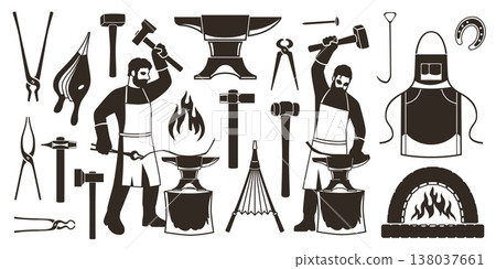 Blacksmith icons. Professionals working with metal black silhouettes, tools and protection, workshop equipment foundry, anvil, hammer and bellows, tidy vector flat style isolated set 138037661