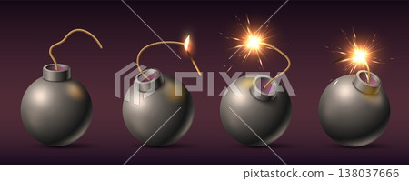 Bomb wick gradual burning. Explosive device with fuse, smoldering rope, ignition stages, damage weapon, danger escalation and urgent crisis control vector realistic isolated set 138037666