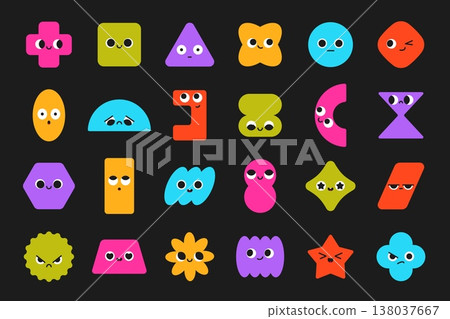 Bright simple shapes. Abstract geometric characters, funny smiling faces, different emotions expression or mood, cute design elements, childish stickers collection, classy vector cartoon set 138037667