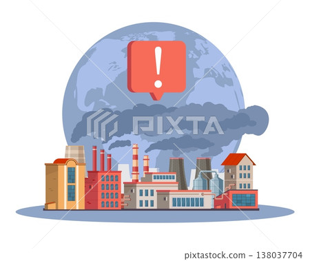 Environmental protection. Climate change, ecological disaster, harmful toxic emissions from factory, emissions control and industrial safety management, vector cartoon isolated concept Environmental protection. Climate change, ecological disaster, harmful toxic emissions from factory, emissions control and industrial safety management, vector cartoon isolated concept 138037704