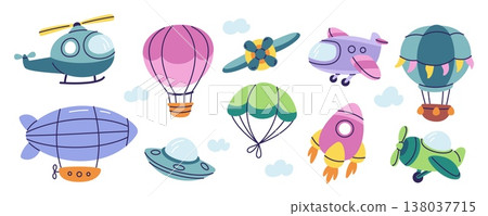 Funny air transport. Kids toys, cartoon planes, airships, hot air balloons, cute helicopters in sky, childish style flying aviation vehicles in clouds, playful elements, garish vector set 138037715