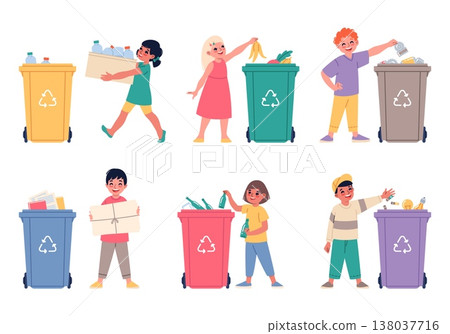 Funny boys and girls sort garbage. Children volunteers put different waste types in colored trash cans, save nature, recycling habits and environmental care classy vector cartoon concept 138037716