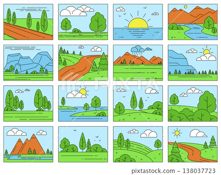 Landscape color icons. Linear travel places, outline nature elements, rivers, mountains and trees, simple design, environmental care background, qualitative vector flat style isolated set Landscape color icons. Linear travel places, outline nature elements, rivers, mountains and trees, simple design, environmental care background, qualitative vector flat style isolated set 138037723