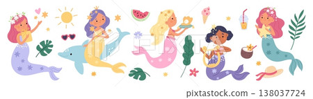 Little mermaids. Cute underwater princesses with colorful fish tails, mythical creatures, little sea girls with long hair, ocean fairy story personage garish vector cartoon isolated set Little mermaids. Cute underwater princesses with colorful fish tails, mythical creatures, little sea girls with long hair, ocean fairy story personage garish vector cartoon isolated set 138037724