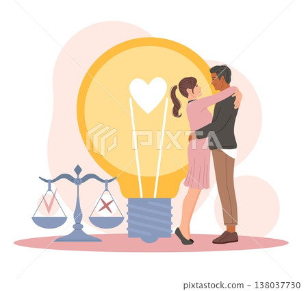 Moral principles. Ethical standards, social pressure, couple in love, treason, romantic relationship, decision scales, emotional support and partnership balance vector cartoon flat concept 138037730
