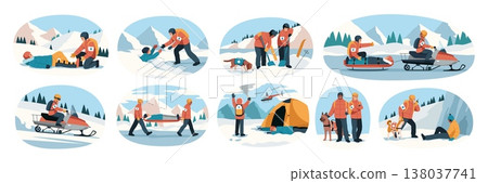 Mountains rescuers with equipment. Avalanche risk, people and dogs looking for victims in snow, evacuation for injured hikers, emergency transportation of wounded, tidy vector cartoon set 138037741