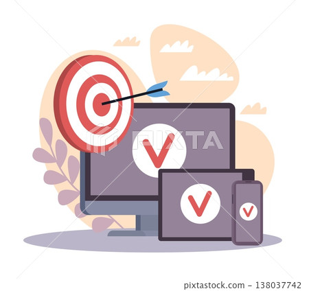 Multi targeting device. Cross network tracking and targeting, multi step authentication, goal achievement symbol, digital strategy on smartphone and computer vector cartoon isolated concept 138037742