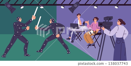 People make movie production. Recording of battle scene, actors with markers on green background, director, cameraman, professional lighting and camera garish vector cartoon flat concept People make movie production. Recording of battle scene, actors with markers on green background, director, cameraman, professional lighting and camera garish vector cartoon flat concept 138037743