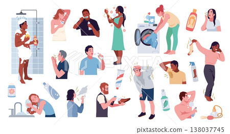 People who observe hygiene. Bad and good smell characters, elimination of unpleasant odor, stink causes, shower or bathing, deodorant, daily personal care tidy vector cartoon isolated set 138037745