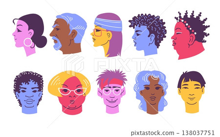 Profile and full face portraits. People avatars, men and women characters, contemporary colorful heads, doodle style modern bright persons, splendid vector cartoon isolated trendy set 138037751