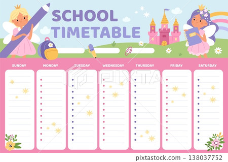 School schedule with princesses. Girly pink design with little fairies with wings in crowns, timetable kids typographic template, education organization garish vector cartoon flat concept 138037752