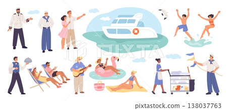 Ship cruise people. Happy vacationers and staff of pleasure boat, sea holidays on yacht, summer characters, travelers chilling, marine tourism garish vector cartoon flat isolated set Ship cruise people. Happy vacationers and staff of pleasure boat, sea holidays on yacht, summer characters, travelers chilling, marine tourism garish vector cartoon flat isolated set 138037763