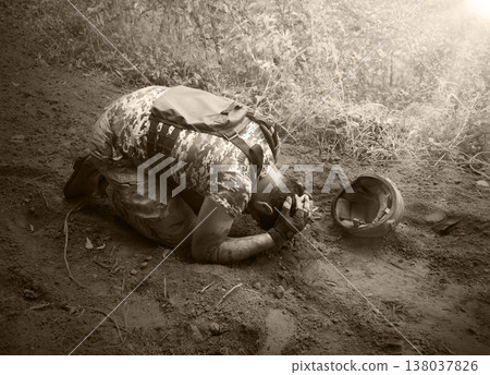 Sad soldier cry on the ground Sad soldier cry on the ground 138037826