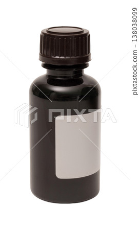 A black bottle with a screw cap is placed on a clear background. The bottle has a blank label, making it suitable for lab use or storage of liquids A black bottle with a screw cap is placed on a clear background. The bottle has a blank label, making it suitable for lab use or storage of liquids 138038099