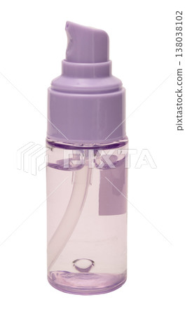 Bottle is made of transparent plastic and features a purple pump top. It is often used to hold liquids such as lotion, hair products, or skincare items and is ideal for travel 138038102