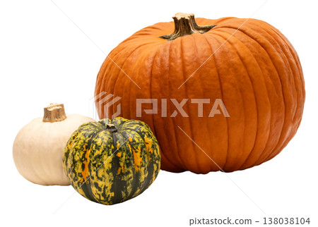 Three pumpkins are arranged together on a clear background. There is one large orange pumpkin, a medium green and yellow striped pumpkin, and a small white pumpkin 138038104