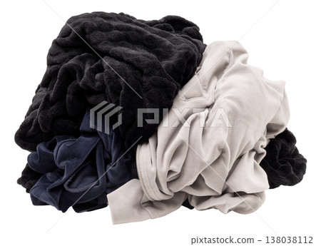 Various soft blankets are piled together on a clear background. The blankets show colors of black and gray, creating a layered look. This arrangement shows the texture of the fabrics Various soft blankets are piled together on a clear background. The blankets show colors of black and gray, creating a layered look. This arrangement shows the texture of the fabrics 138038112