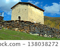 The old Orthodox church of Lamaria and its bell in the village of Ushguli, Georgia. 138038272