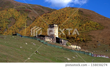 The old Orthodox church of Lamaria in the village of Ushguli, Georgia. 138038274