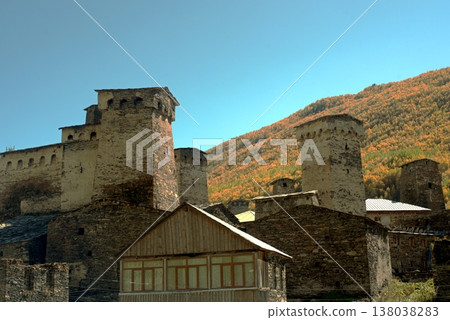 The small mountain village of Ushguli is located at the foot of Mount Shkhara. Caucasus Mountains. Georgia. Svaneti. 138038283