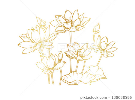 Elegant golden lotus flower line art vector illustration with blooming lily pads and buds for luxury branding spa wellness and spiritual design Elegant golden lotus flower line art vector illustration with blooming lily pads and buds for luxury branding spa wellness and spiritual design 138038596