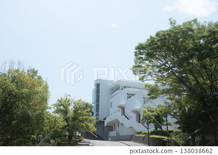 陽光明媚的一天,大學校園裡,藝術大學的建築群。 陽光明媚的一天,大學校園裡,藝術大學的建築群。 138038662